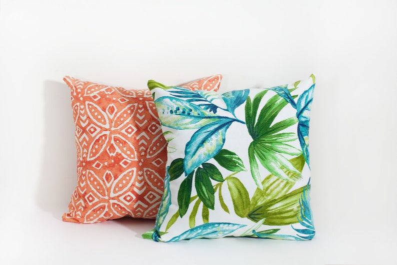 Tropical Blue Green Leaf Outdoor Pillows All Weather Pillow Etsy