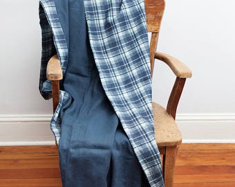 Blue Plaid Throw Blanket, Chambray Euro Linen, Gift For Dad, Soft Throw Blanket, Cozy Decor