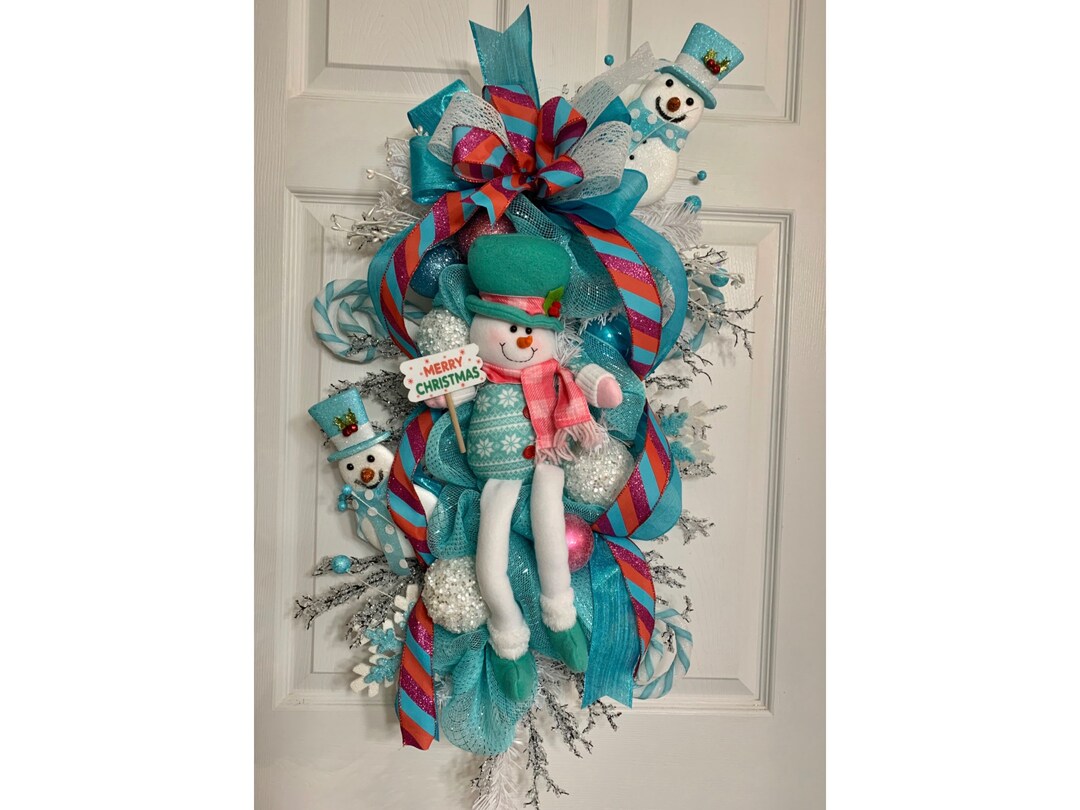 WHIMSICAL SNOWMAN WREATH Swag for Your Front Door Holiday Decor. - Etsy