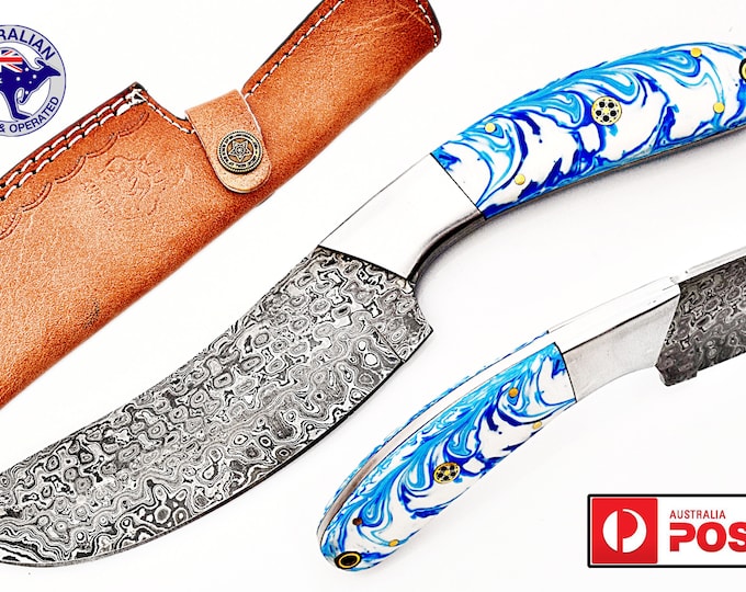 Damascus Steel Custom HANDMADE 11" Hunting Chopper Cleaver Knife Epoxy Resin X43D