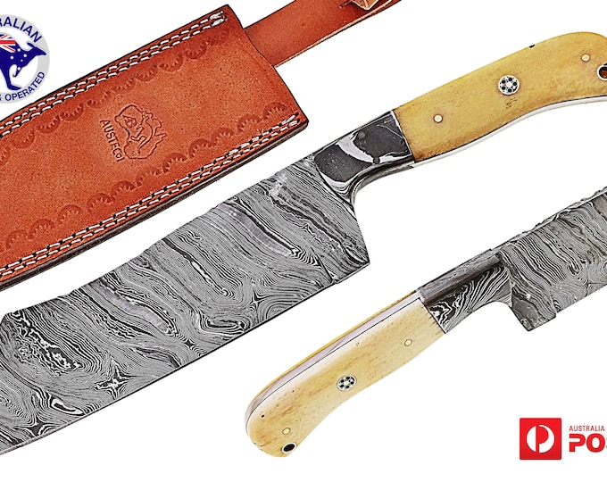Damascus Steel Custom Handmade 12" Kitchen Chef Cleaver Knife Camel Bone X35A1