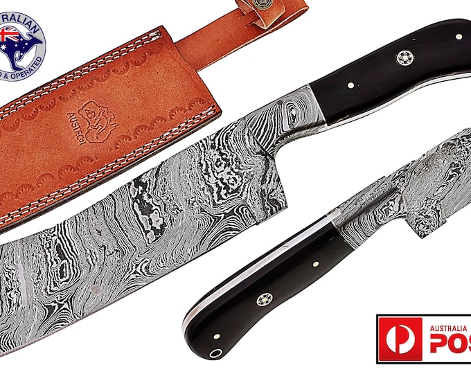 Damascus Steel Custom Handmade 12" Kitchen Chef Cleaver Knife Bull Horn X35B1