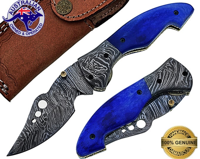 Damascus Steel Handmade 7" Camping Folding Pocket Knife - Dyed Bone Handle F06C