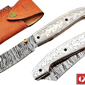 Damascus Steel Handmade 7&quot; Camping Folding Pocket Knife - Engraved Steel F18