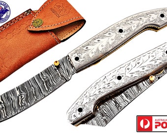 Damascus Steel Handmade 7" Camping Folding Pocket Knife - Engraved Steel F18