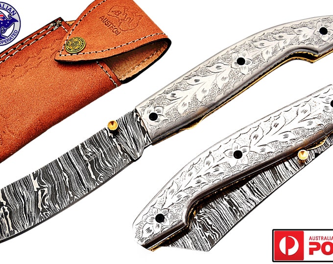 Damascus Steel Handmade 7" Camping Folding Pocket Knife - Engraved Steel F18