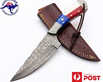 Handmade Damascus Steel 8.7 Inches Camping Hunting Knife - Texas Flag Handle W11