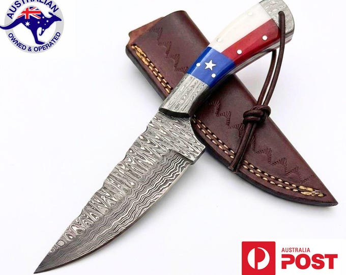 Handmade Damascus Steel 8.7 Inches Camping Hunting Knife - Texas Flag Handle W11