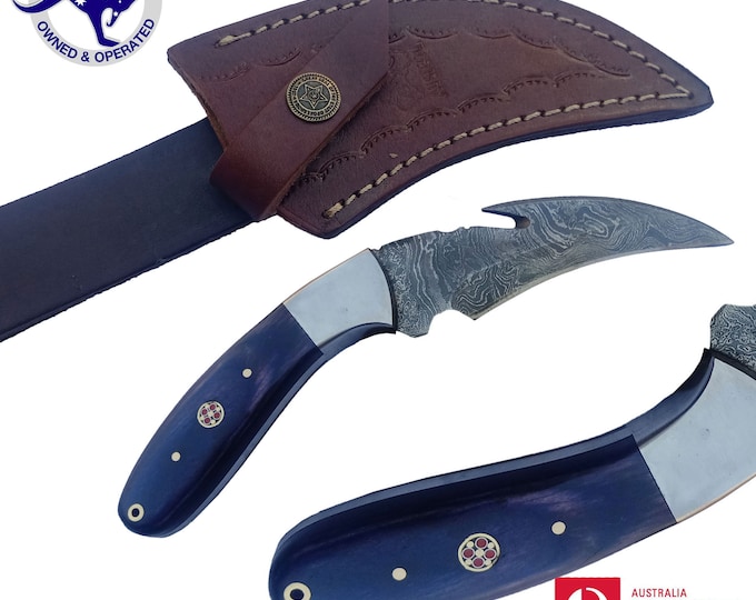 Handmade Damascus Steel 8 inches Guthook Hunting Knife - Dyed Wood Handle S07