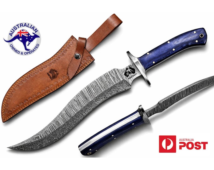 Handmade Damascus Steel 16 Inches Bowie Hunting Knife - Blue Wood Handle W03A
