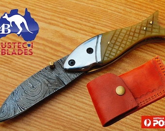 Damascus Blade Custom Handmade 7.1" Camping Folding Pocket Knife - Camel Bone With Leather Sheath Cover #ABD-28