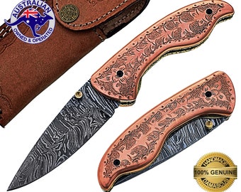 Damascus Steel Handmade 7" Camping Folding Pocket Knife Engraved Copper Frame F16