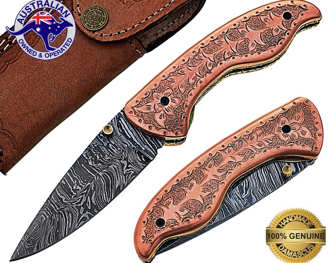 Damascus Steel Handmade 7" Camping Folding Pocket Knife Engraved Copper Frame F16