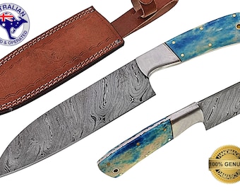 Damascus Steel HANDMADE 10 inch Kitchen Cook Santoku Chef Knife - Camel Bone X3C
