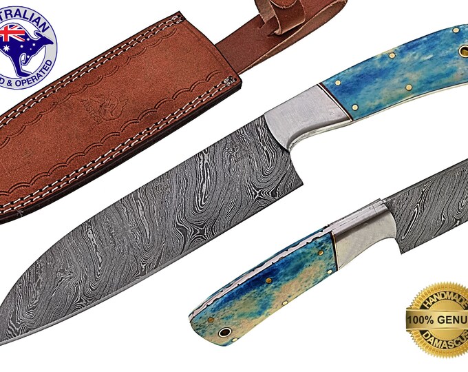 Damascus Steel HANDMADE 10 inch Kitchen Cook Santoku Chef Knife - Camel Bone X3C