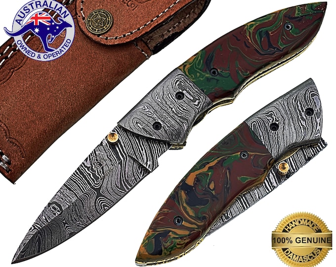 Damascus Steel Handmade 7" Camping Folding Pocket Knife Epoxy Resin Handle F08E