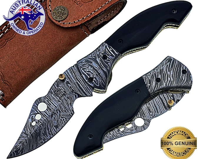 Damascus Steel Handmade 7" Camping Folding Pocket Knife - Bull Horn Handle F06B