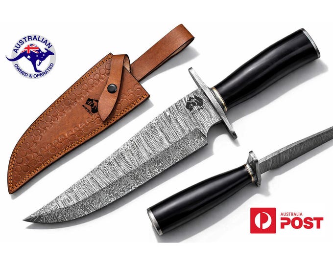 Handmade Damascus Steel 15 Inches Bowie Hunting Knife - Buffalo Horn Handle W02A