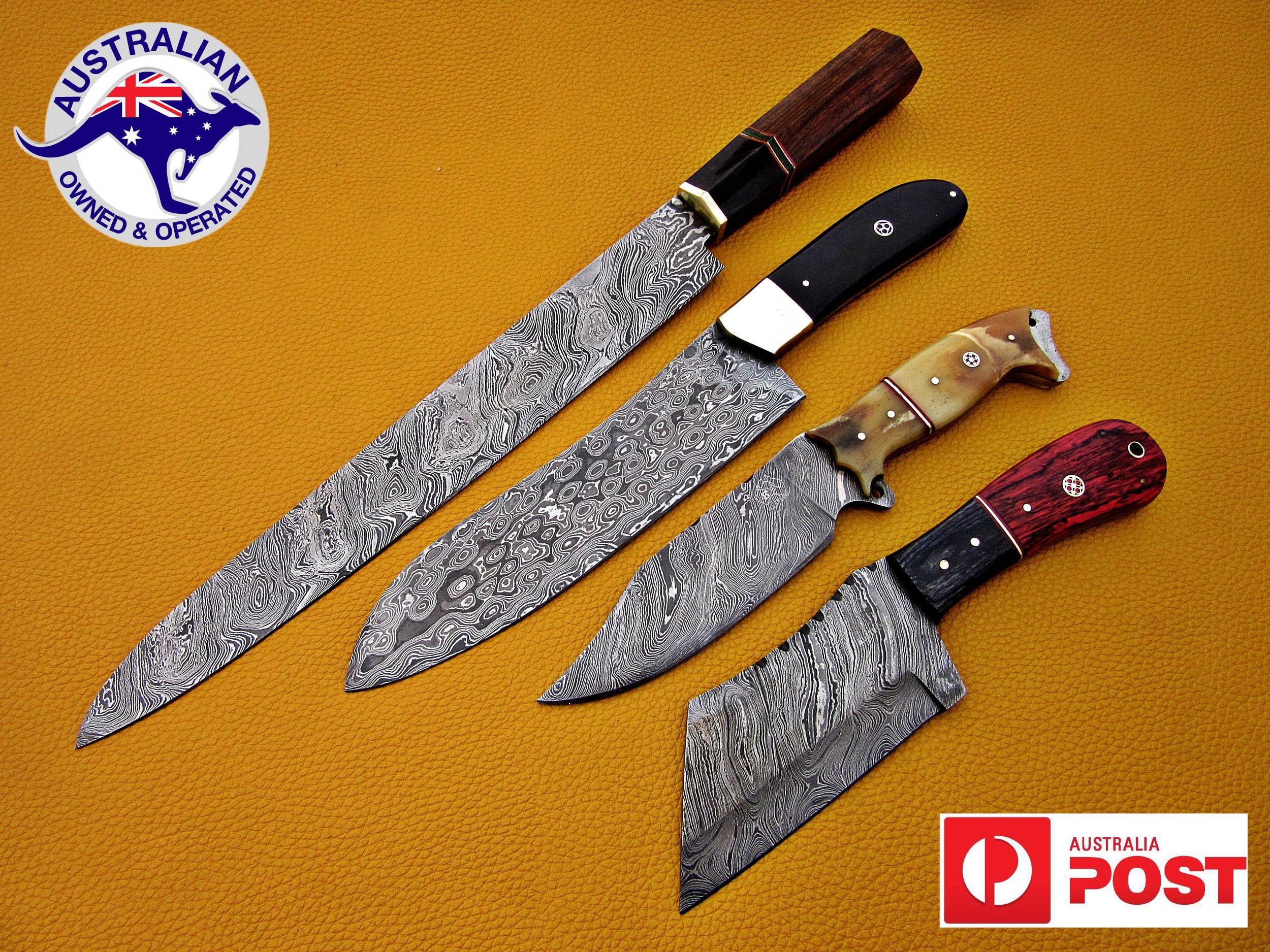 1095 Damascus Steel Custom Handmade Knives Lot Sushi Chef Cleaver Skinner Knife Set V96