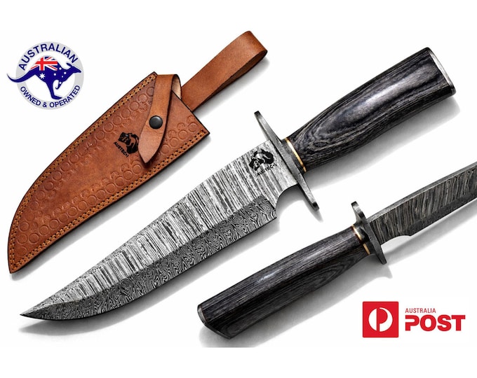 Handmade Damascus Steel 15 Inches Bowie Hunting Knife - Grey Wood Handle W02B