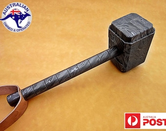 Full Tang Damascus Steel Handmade Thor Hammer 11" Rod with 5" Hammer Head & Leather Grip #Thor 1