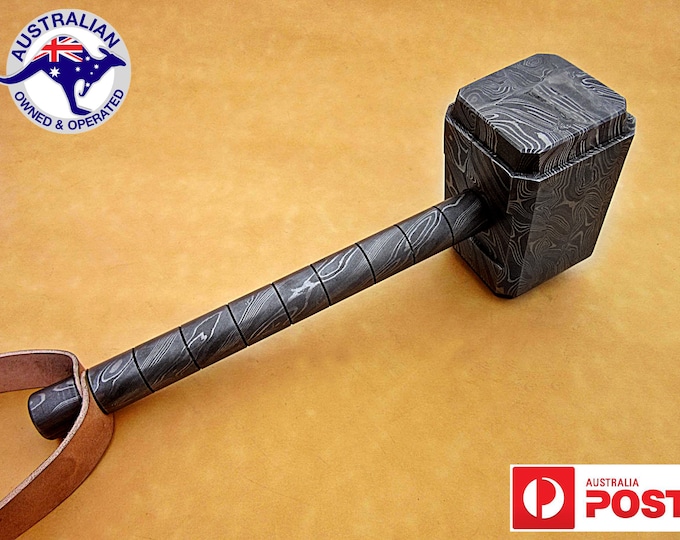 Full Tang Damascus Steel Handmade Thor Hammer 11" Rod with 5" Hammer Head & Leather Grip #Thor 1
