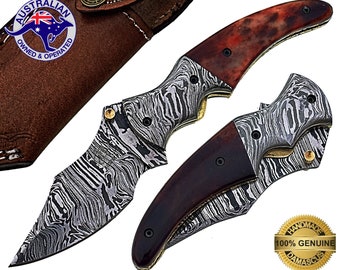 Damascus Steel Handmade 7" Camping Folding Pocket Knife - Dyed Bone Handle F05C