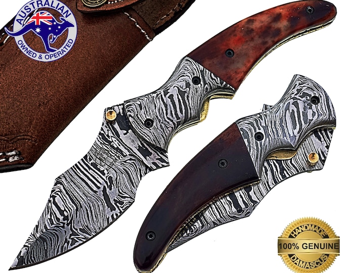 Damascus Steel Handmade 7" Camping Folding Pocket Knife - Dyed Bone Handle F05C