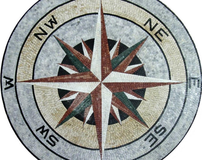 Handmade Compass Marble Mosaic for Walls, Floors & Tabletops, Customizable Art Design C2