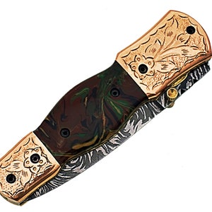 Damascus Steel Handmade 7 Camping Folding Pocket Knife Epoxy Resin Handle F12E image 5