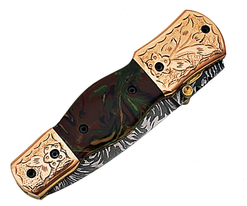 Damascus Steel Handmade 7 Camping Folding Pocket Knife Epoxy Resin Handle F12E image 5