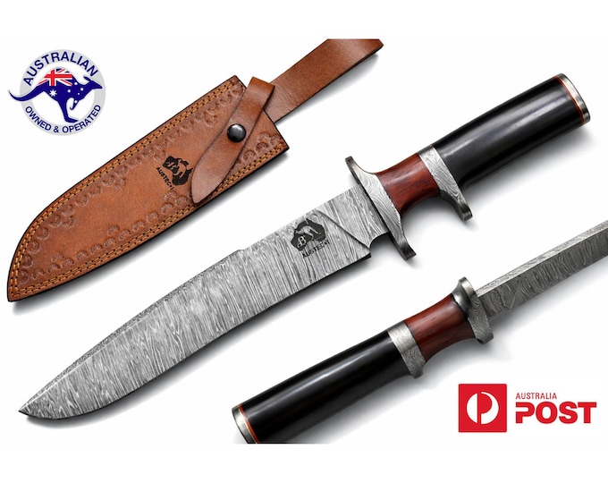 Handmade Damascus Steel 15 Inches Bowie Hunting Knife - Horn & Wood Handle W05A