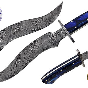Acero de Damasco HANDMADE 14 pulgadas BOWIE Bush cuchillo de caza teñido madera azul X6D