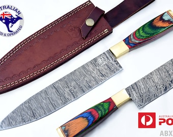 Japanese Damascus Steel Custom Handmade 13" Kitchen Chef Knife Rainbow Wood X20C