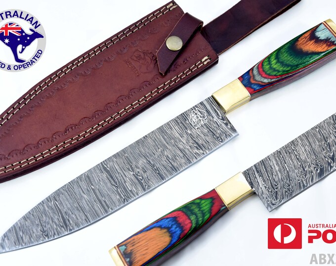 Japanese Damascus Steel Custom Handmade 13" Kitchen Chef Knife Rainbow Wood X20C