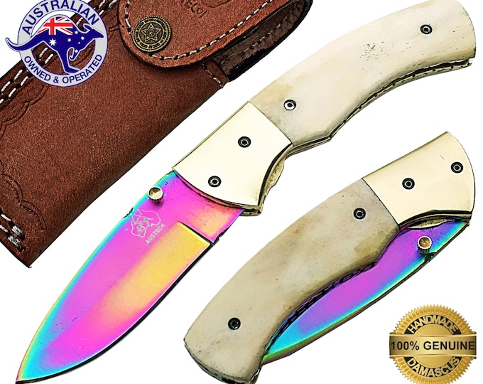 Carbon Steel Handmade TITANIUM Coated 7" Folding Pocket Knife Camel Bone F30A