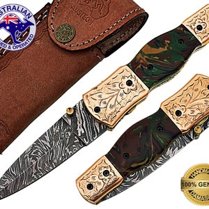 Damascus Steel Handmade 7 Camping Folding Pocket Knife Epoxy Resin Handle F12E image 1