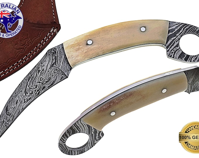 Damascus Steel HANDMADE 8 inch Full Tang Hunting KARAMBIT Knife Camel Bone X14A