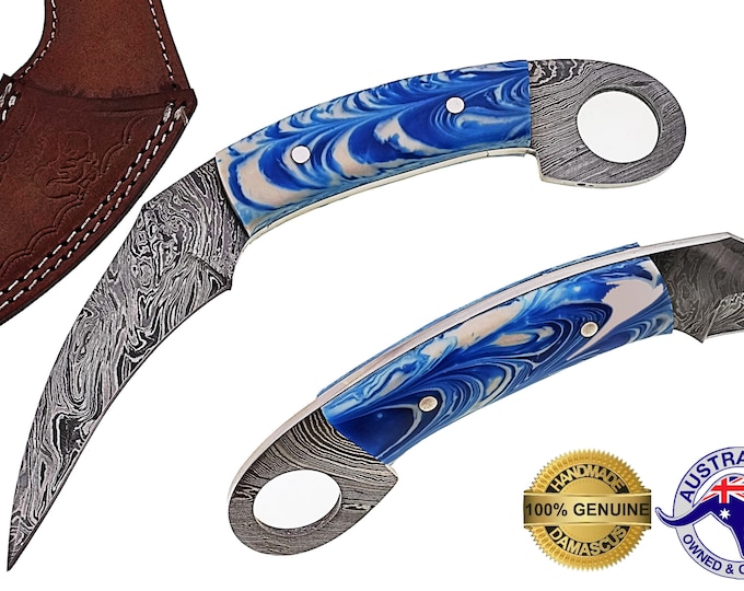 Damascus Steel HANDMADE 8 inch Full Tang Hunting KARAMBIT Knife Epoxy Resin X14E
