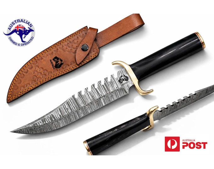 Handmade Damascus Steel 14 Inches Bowie Hunting Knife - Bull Horn Handle W04B