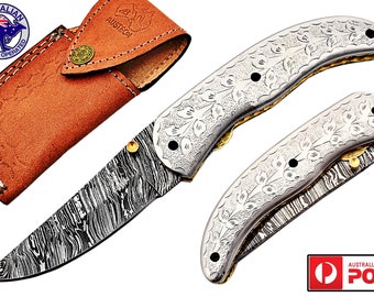 Damascus Steel Handmade 7" Camping Folding Pocket Knife - Engraved Steel F17