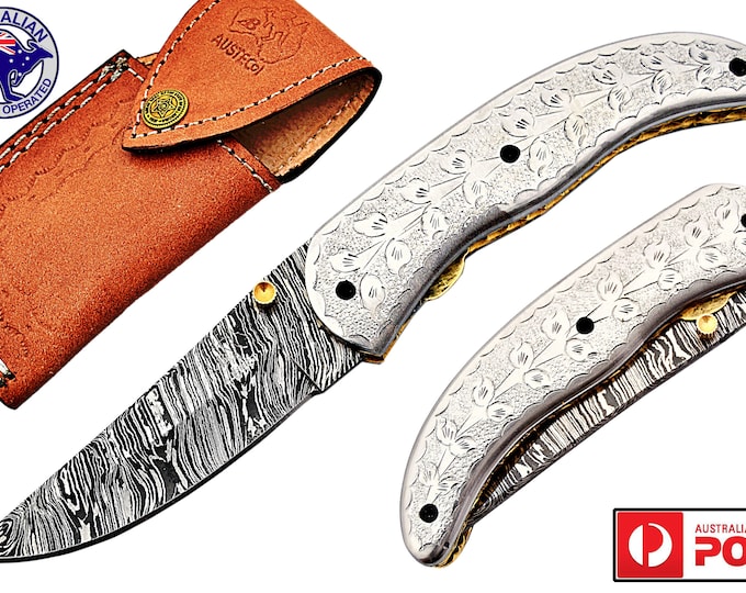 Damascus Steel Handmade 7" Camping Folding Pocket Knife - Engraved Steel F17