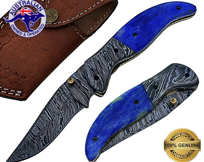 Damascus Steel Handmade 7" Camping Folding Pocket Knife - Dyed Bone Handle F23C