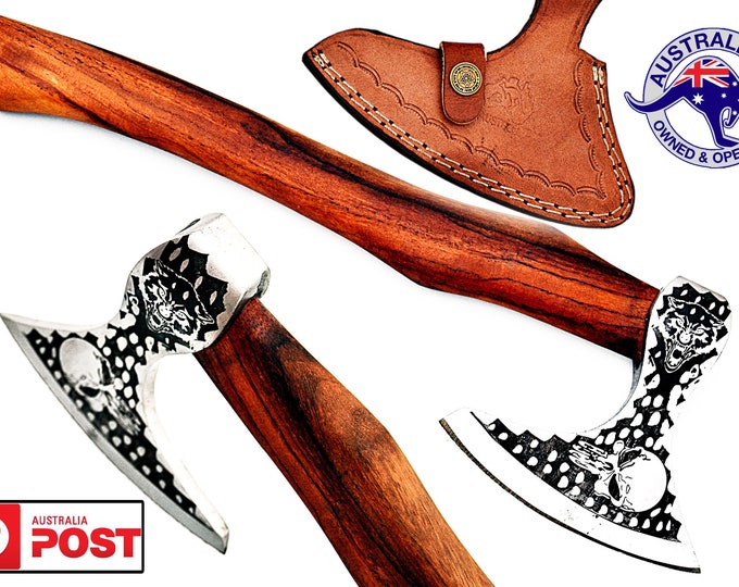 Stainless Steel Custom Handmade Etched Axe Tomahawk - Rose Wood Handle X59