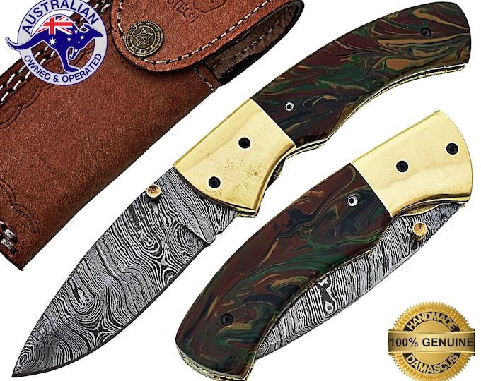 Damascus Steel Handmade 7" Camping Folding Pocket Knife Epoxy Resin Handle F26E