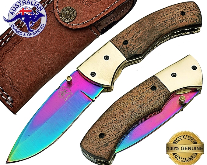 TITANIUM KNIFE, CURVED Knife, Engraved Multicolor Blade Camping Survival Tracker Knife, Hunting Pocket Walnut Wood Knife F30D