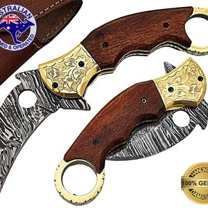 Damascus Steel Handmade Karambit Engraved Folding Pocket Knife Walnut Wood F55D