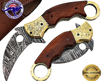Damascus Steel Handmade Karambit Engraved Folding Pocket Knife Walnut Wood F55D