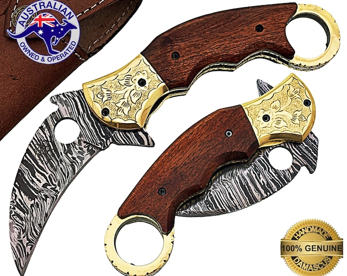 Damascus Steel Handmade Karambit Engraved Folding Pocket Knife Walnut Wood F55D