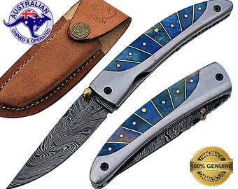 Damascus Steel Handmade 7" Camping Folding Pocket Knife Dyed Bone Handle F46C